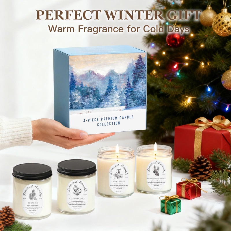 LOSNYA Winter Candle Gift Set, 4 Pack 28oz Soy Wax Scented Candles for Home â€“ Cinnamon Apple, Balsam Fir, Vanilla Bean, Cedarwood & Amber â€“ Cozy Aromatherapy Candles for Holiday & Home Decor Gifts - Image 5