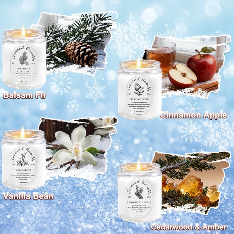LOSNYA Winter Candle Gift Set, 4 Pack 28oz Soy Wax Scented Candles for Home â€“ Cinnamon Apple, Balsam Fir, Vanilla Bean, Cedarwood & Amber â€“ Cozy Aromatherapy Candles for Holiday & Home Decor Gifts - Image 3