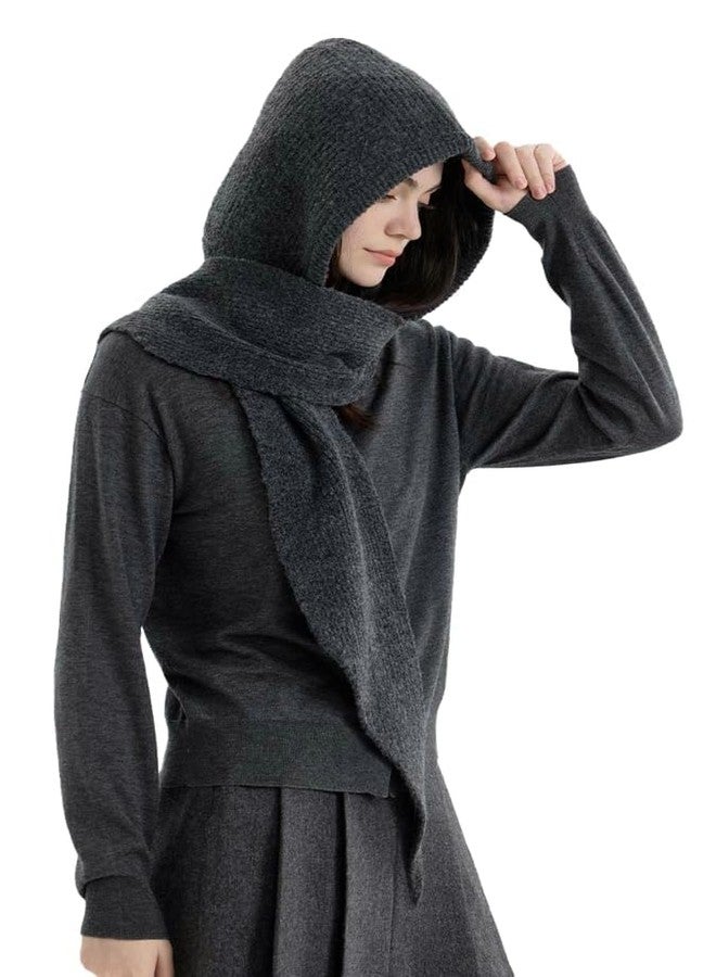 Jusavie Balaclava Hood Hat Scarf Women 2 in 1 Knitted Hooded Scarf Beanie Hats Cute Crochet Beanies Hat Winter Scarfs Set 2025, Dark Grey, One size - Image 2