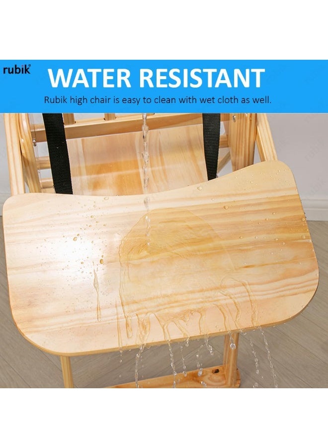 Rubik Wooden High Chair with Tray, Foldable Kids Dinning Highchair with Safety Belt and Cushion for Baby Toddler Feeding (Beige, 24cm Tray) - Image 3