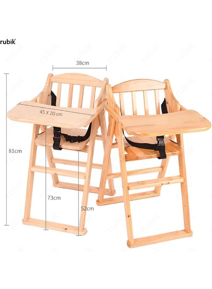 Rubik Wooden High Chair with Tray, Foldable Kids Dinning Highchair with Safety Belt and Cushion for Baby Toddler Feeding (Beige, 24cm Tray) - Image 2