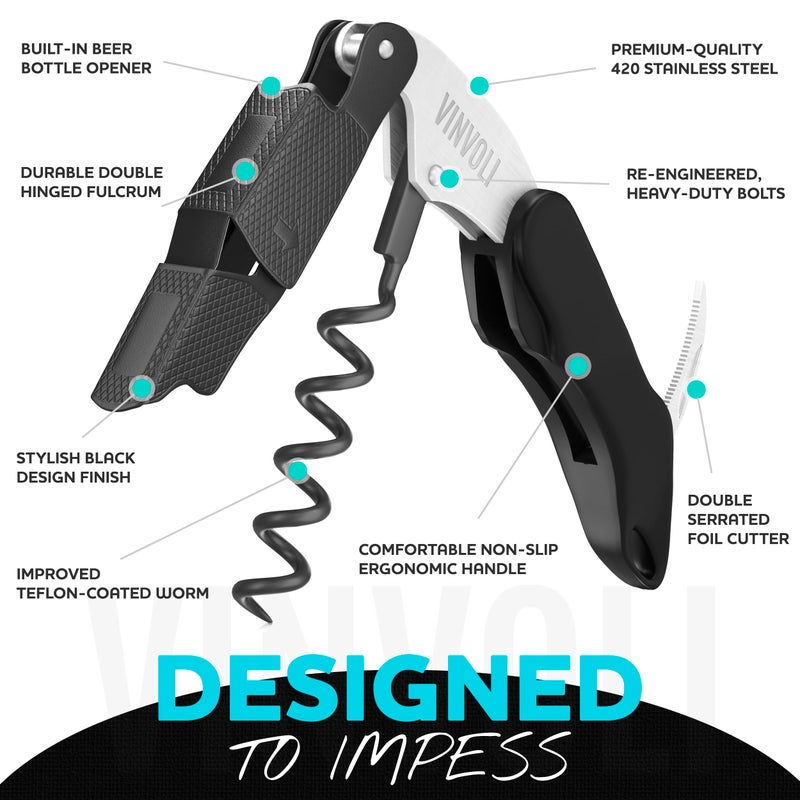 Vinvoli Professional Waiters Corkscrew Wine Bottle Opener - Improved 2025 Multi-Functional 3-in-1 Cork Screw Bottle Openers - Wine Opener Corkscrews - Cool Beer Opener Wine Key With Wine Foil Cutter - Image 3