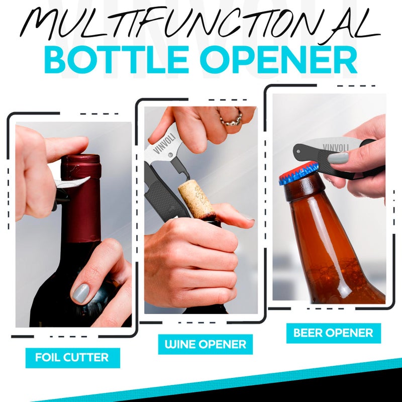 Vinvoli Professional Waiters Corkscrew Wine Bottle Opener - Improved 2025 Multi-Functional 3-in-1 Cork Screw Bottle Openers - Wine Opener Corkscrews - Cool Beer Opener Wine Key With Wine Foil Cutter - Image 4