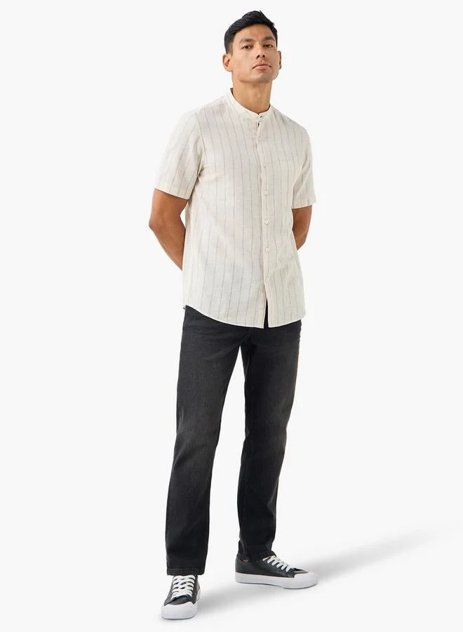 Splash FAV Striped Linen Blend Mandarin Collar Shirt