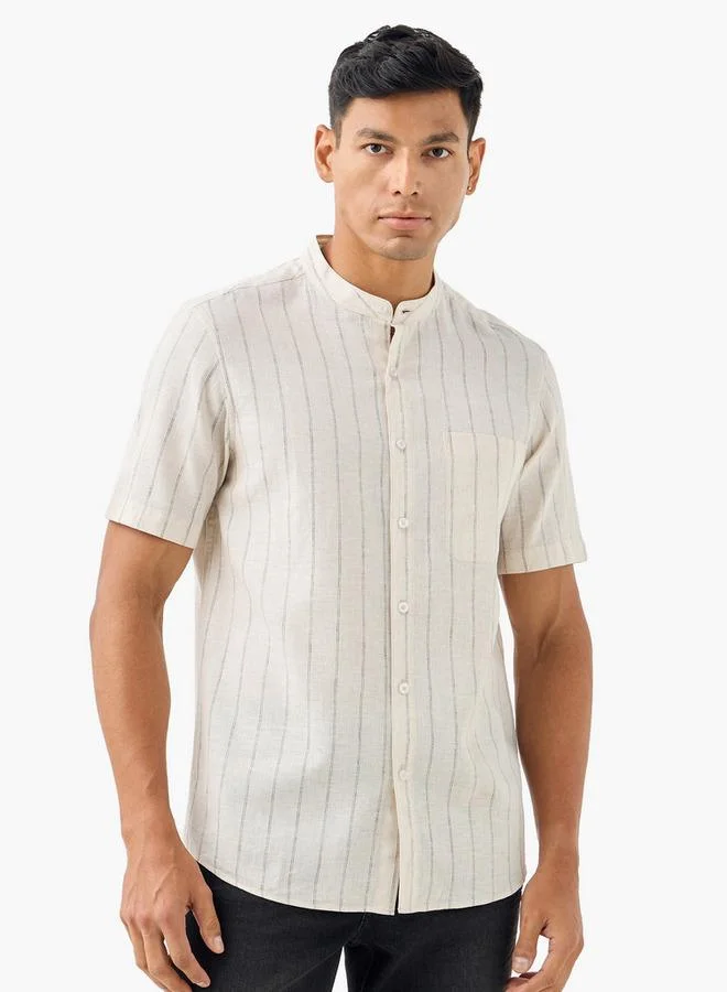Splash FAV Striped Linen Blend Mandarin Collar Shirt