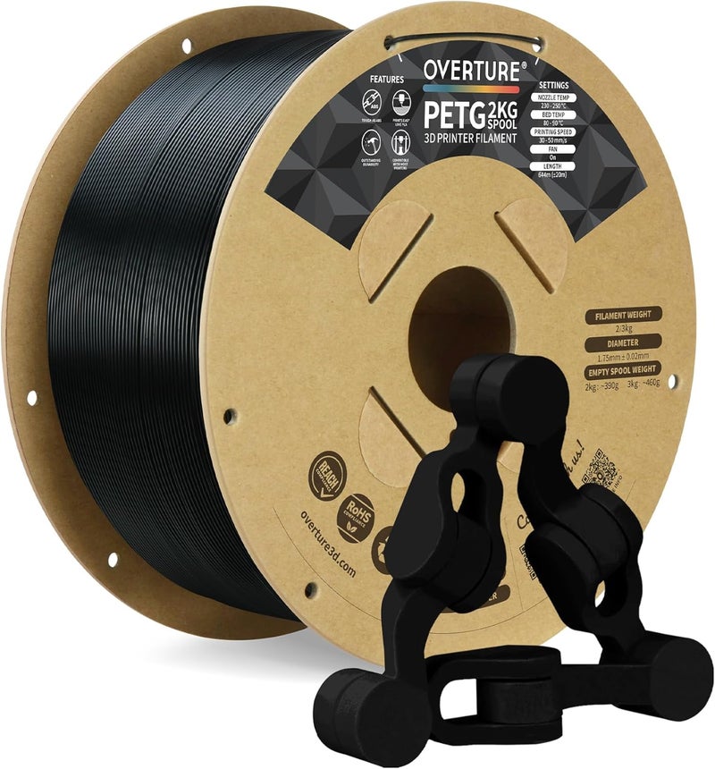 OVERTURE PETG 3D Printer Filament 1.75mm, Neatly Wound Durable PETG 2kg Spool (4.4lbs), Strong Toughness Filament, Dimensional Accuracy +/- 0.02mm, Fit Most FDM Printers (Black 1 Pack) - Image 1