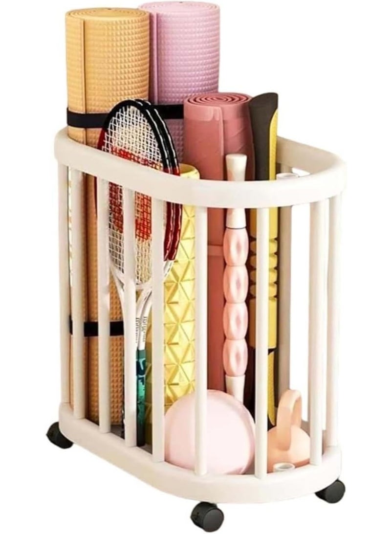 Soofam Multi-Function Home Gym Equipment Organizer, Yoga Mat Storage Basket & Ball Storage Rack With Handle, Space-Saving Sports Gear Storage with Locking Wheels for Home, Garage, Gym, Beige - Image 1