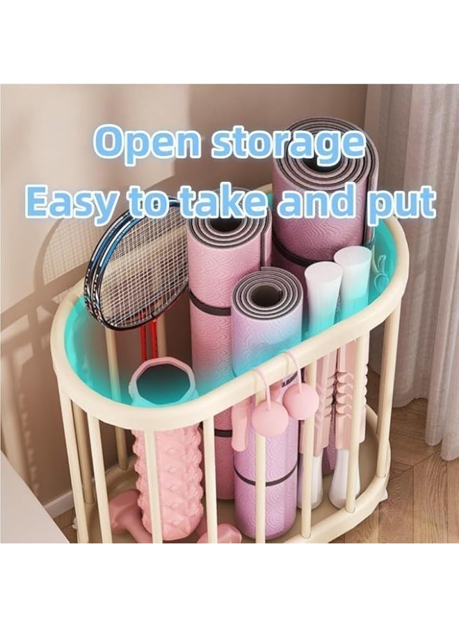 Soofam Multi-Function Home Gym Equipment Organizer, Yoga Mat Storage Basket & Ball Storage Rack With Handle, Space-Saving Sports Gear Storage with Locking Wheels for Home, Garage, Gym, Beige - Image 5