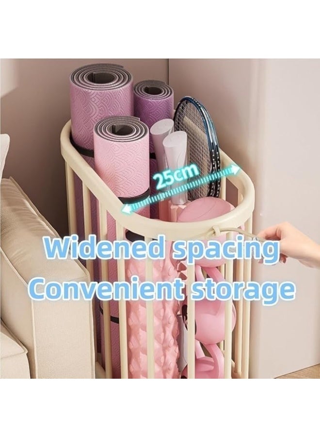 Soofam Multi-Function Home Gym Equipment Organizer, Yoga Mat Storage Basket & Ball Storage Rack With Handle, Space-Saving Sports Gear Storage with Locking Wheels for Home, Garage, Gym, Beige - Image 3