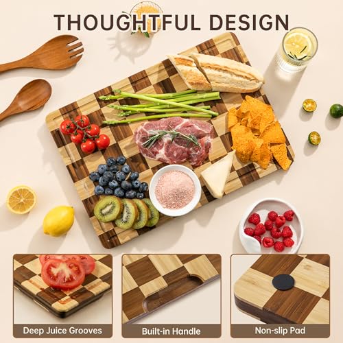 THETCHRY Bamboo Cutting Board Set, Checkered Wood Cutting Boards for Kitchen with Juice Groove, Non Toxic Wooden Charcuterie Boards, Non Slip Chopping Board for Meat Fruit Cheese, Housewarming Gift - Image 5