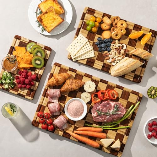 THETCHRY Bamboo Cutting Board Set, Checkered Wood Cutting Boards for Kitchen with Juice Groove, Non Toxic Wooden Charcuterie Boards, Non Slip Chopping Board for Meat Fruit Cheese, Housewarming Gift - Image 2