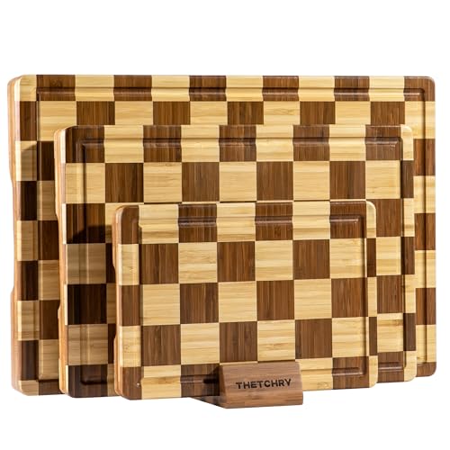 THETCHRY Bamboo Cutting Board Set, Checkered Wood Cutting Boards for Kitchen with Juice Groove, Non Toxic Wooden Charcuterie Boards, Non Slip Chopping Board for Meat Fruit Cheese, Housewarming Gift - Image 1