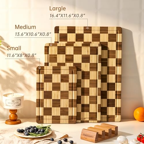 THETCHRY Bamboo Cutting Board Set, Checkered Wood Cutting Boards for Kitchen with Juice Groove, Non Toxic Wooden Charcuterie Boards, Non Slip Chopping Board for Meat Fruit Cheese, Housewarming Gift - Image 4