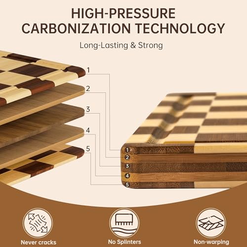THETCHRY Bamboo Cutting Board Set, Checkered Wood Cutting Boards for Kitchen with Juice Groove, Non Toxic Wooden Charcuterie Boards, Non Slip Chopping Board for Meat Fruit Cheese, Housewarming Gift - Image 3