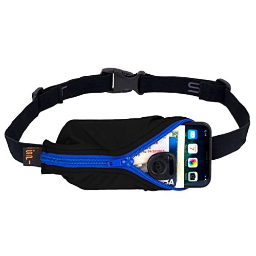 SPIbelt Running Belt for Women Men, Phone Holder for Running, Running Fanny Pack, Holder for Phone, Running Waist Pack, Adjustable Waist, [Fits All Phones]. Black with Blue Zipper - Image 1