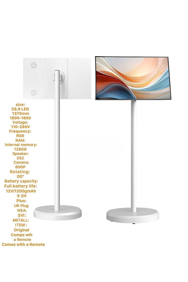 Denx 28.9" Smart LED Display Stand | 128GB Memory, 600P Camera, Dual Speakers, 12000mAh Battery, Remote Control, Freestanding Touch Screen Monitor - Image 5
