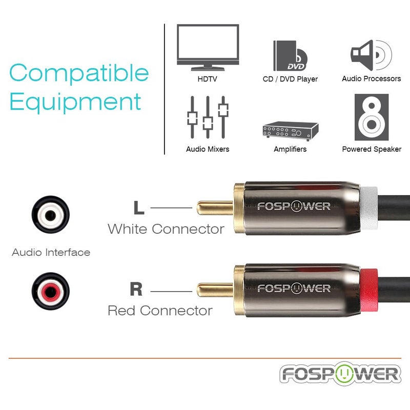 FosPower RCA Y-Adapter (6 Feet), 1 RCA Male to 2 RCA Male Y Splitter Digital Stereo Audio Cable for Subwoofer, Home Theater, Hi-Fi - Dual Shielded | 24K Gold Plated - Image 3