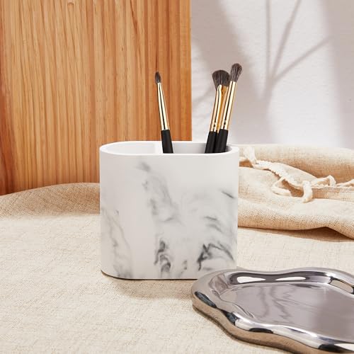 Amviner Diatomite Toothbrush Holders for Bathrooms, Electric Tooth Brush and Toothpaste Holder for Bathroom Countertop, Marble White Bathroom Accessories, 2 Slots Toothbrush Organizer - Image 3