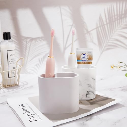 Amviner Diatomite Toothbrush Holders for Bathrooms, Electric Tooth Brush and Toothpaste Holder for Bathroom Countertop, Marble White Bathroom Accessories, 2 Slots Toothbrush Organizer - Image 2