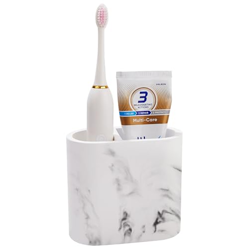 Amviner Diatomite Toothbrush Holders for Bathrooms, Electric Tooth Brush and Toothpaste Holder for Bathroom Countertop, Marble White Bathroom Accessories, 2 Slots Toothbrush Organizer - Image 1