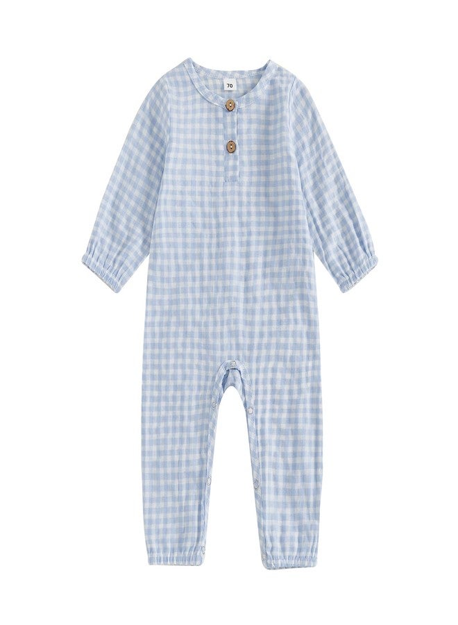 Lenjindjer Baby Boy Girl Fall Winter Jumpsuit Long Sleeve Crewneck Plaid Button Front Romper Playsuit Infant One Piece Outfit (Blue, 12-18 Months) - Image 1