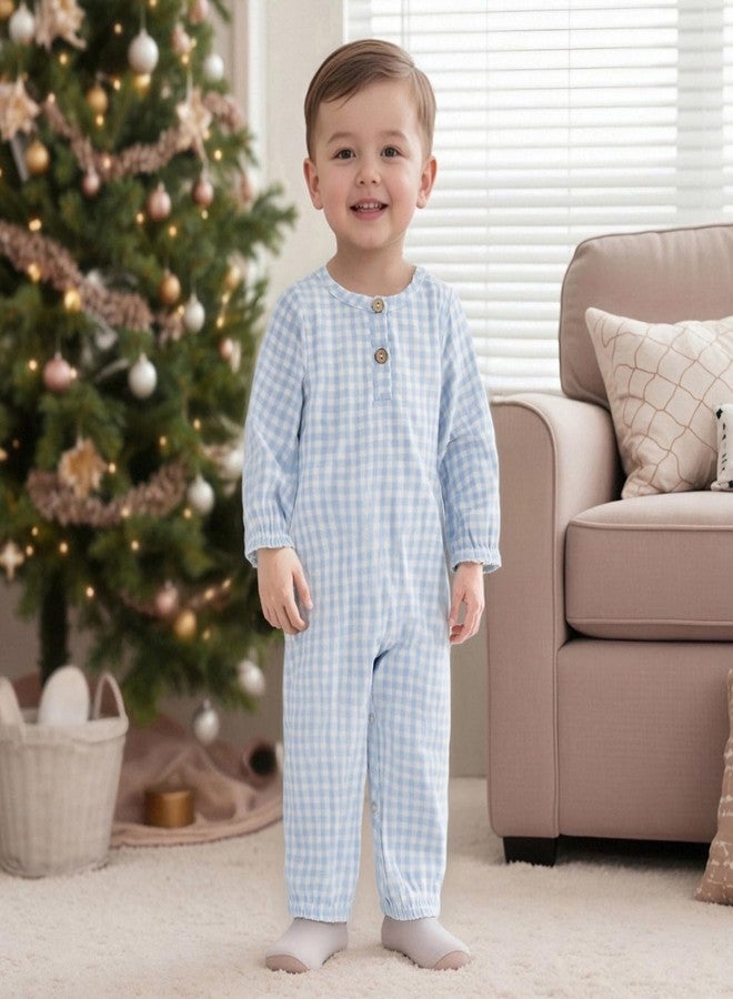 Lenjindjer Baby Boy Girl Fall Winter Jumpsuit Long Sleeve Crewneck Plaid Button Front Romper Playsuit Infant One Piece Outfit (Blue, 12-18 Months) - Image 3