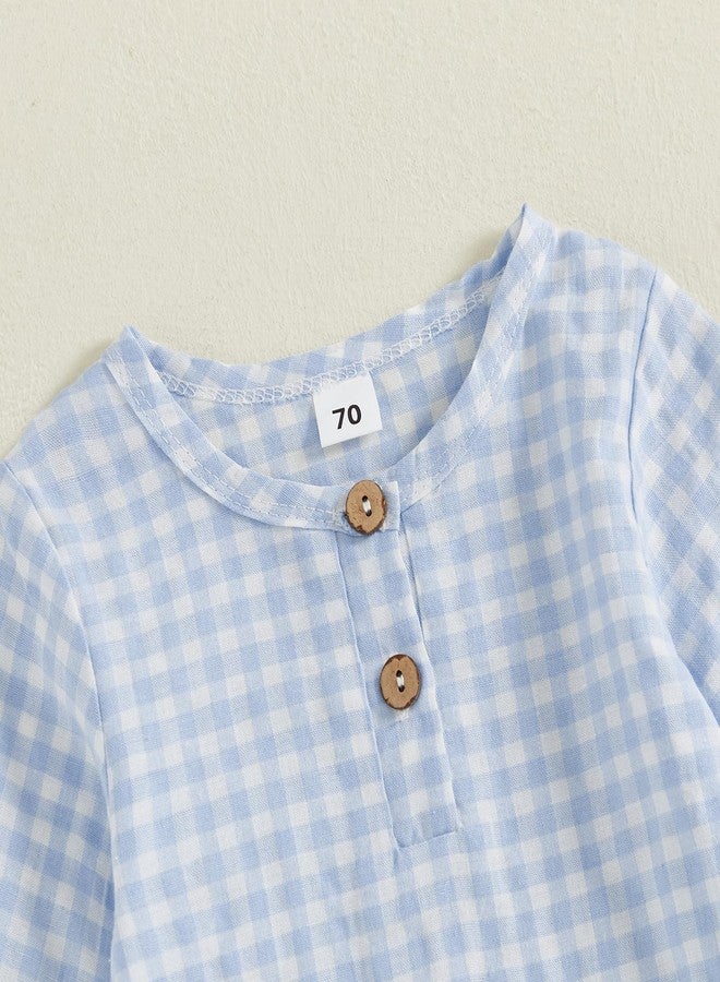 Lenjindjer Baby Boy Girl Fall Winter Jumpsuit Long Sleeve Crewneck Plaid Button Front Romper Playsuit Infant One Piece Outfit (Blue, 12-18 Months) - Image 4