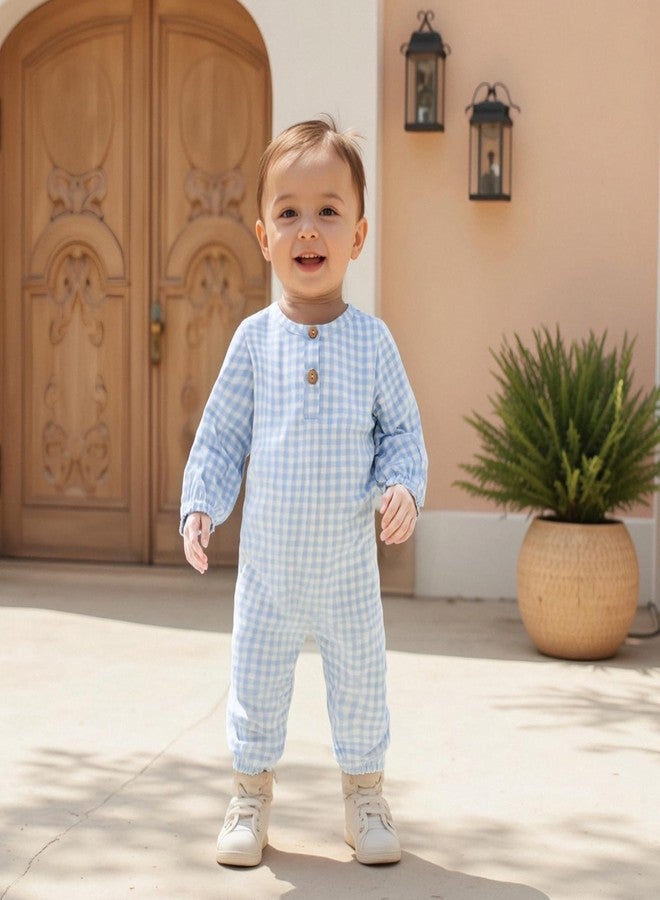 Lenjindjer Baby Boy Girl Fall Winter Jumpsuit Long Sleeve Crewneck Plaid Button Front Romper Playsuit Infant One Piece Outfit (Blue, 12-18 Months) - Image 2