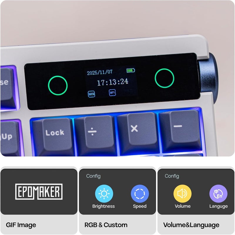 EPOMAKER TH108 PRO Full Size Mechanical Keyboard with Screen & Knob, Wireless Gaming Keyboard with 10000mAh, Creamy Gasket, Hot Swap, Custom Driver, RGB Backlight (White, Creamy Jade) - Image 3