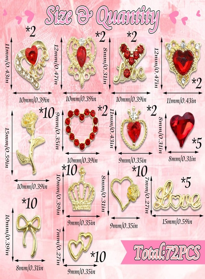 BELICEY 72 Pcs Valentines Red Heart Nail Charms 3D Gold Metal Bow Nails Charm and Gems Red Love Rhinestone Charms for Nail DIY Manicure Jewelry for Valentine's Day Design Crafts - Image 3