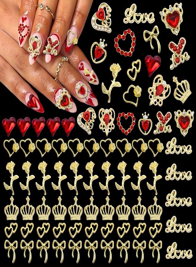 BELICEY 72 Pcs Valentines Red Heart Nail Charms 3D Gold Metal Bow Nails Charm and Gems Red Love Rhinestone Charms for Nail DIY Manicure Jewelry for Valentine's Day Design Crafts - Image 1