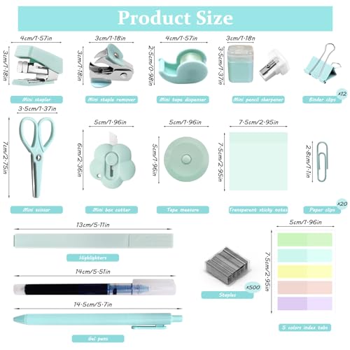 YUMOONI Mini Office Supplies, Teal Stapler with Staples and Tape Dispenser Set, Mini Stationary Kit Includes Sticky Notes Index Tabs Highlighters Gel Pens for Office & School Supplies (Teal) - Image 2