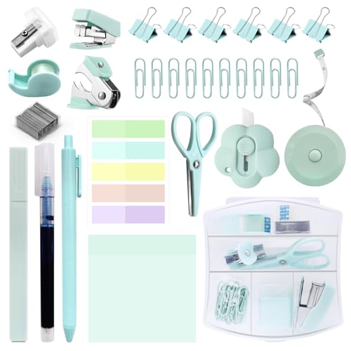 YUMOONI Mini Office Supplies, Teal Stapler with Staples and Tape Dispenser Set, Mini Stationary Kit Includes Sticky Notes Index Tabs Highlighters Gel Pens for Office & School Supplies (Teal) - Image 1