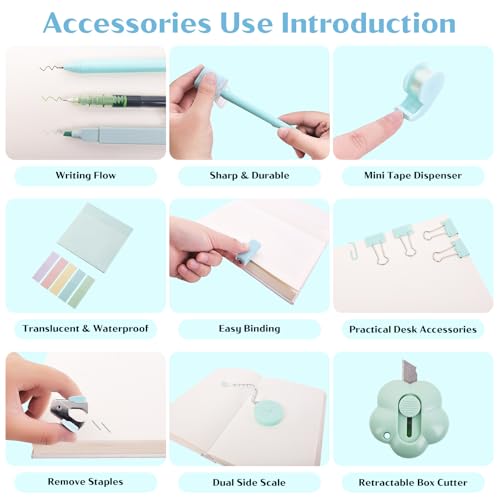 YUMOONI Mini Office Supplies, Teal Stapler with Staples and Tape Dispenser Set, Mini Stationary Kit Includes Sticky Notes Index Tabs Highlighters Gel Pens for Office & School Supplies (Teal) - Image 3