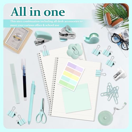 YUMOONI Mini Office Supplies, Teal Stapler with Staples and Tape Dispenser Set, Mini Stationary Kit Includes Sticky Notes Index Tabs Highlighters Gel Pens for Office & School Supplies (Teal) - Image 4