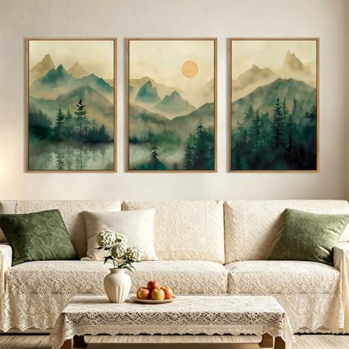 IARTTOP Extra Large Green Forest Wall Art 24x36 Inch Framed Foggy Mountain Canvas Art Prints Nature Landscape Wall Decor for Living Room Bedroom Office Set of 3 - Image 1