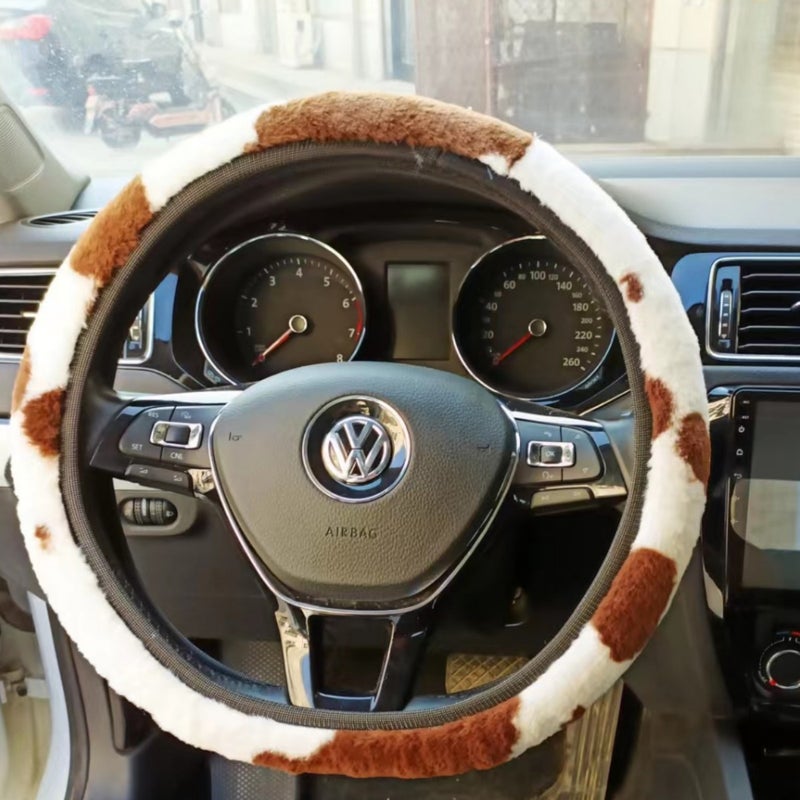 New Style Cow Print Inner Ring Handbrake High-Elasticity Safety Belt Car Plush Steering Wheel Three-Piece Set Shoulder Protector - Image 4