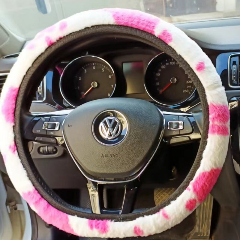 New Style Cow Print Inner Ring Handbrake High-Elasticity Safety Belt Car Plush Steering Wheel Three-Piece Set Shoulder Protector - Image 3