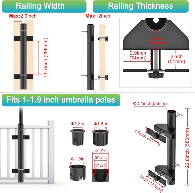 Dolibest Heavy-Duty Patio Umbrella Holder, Deck Mount Umbrella Holder & 3 Sleeves Fits 1-1.9" Poles, Outdoor Umbrella Railing Mount, Attaches to Railing Maximizing Outdoor Patio Space & Shade, Black - Image 2