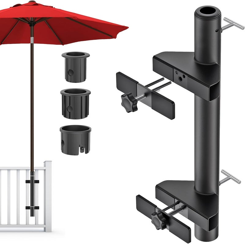 Dolibest Heavy-Duty Patio Umbrella Holder, Deck Mount Umbrella Holder & 3 Sleeves Fits 1-1.9" Poles, Outdoor Umbrella Railing Mount, Attaches to Railing Maximizing Outdoor Patio Space & Shade, Black - Image 1