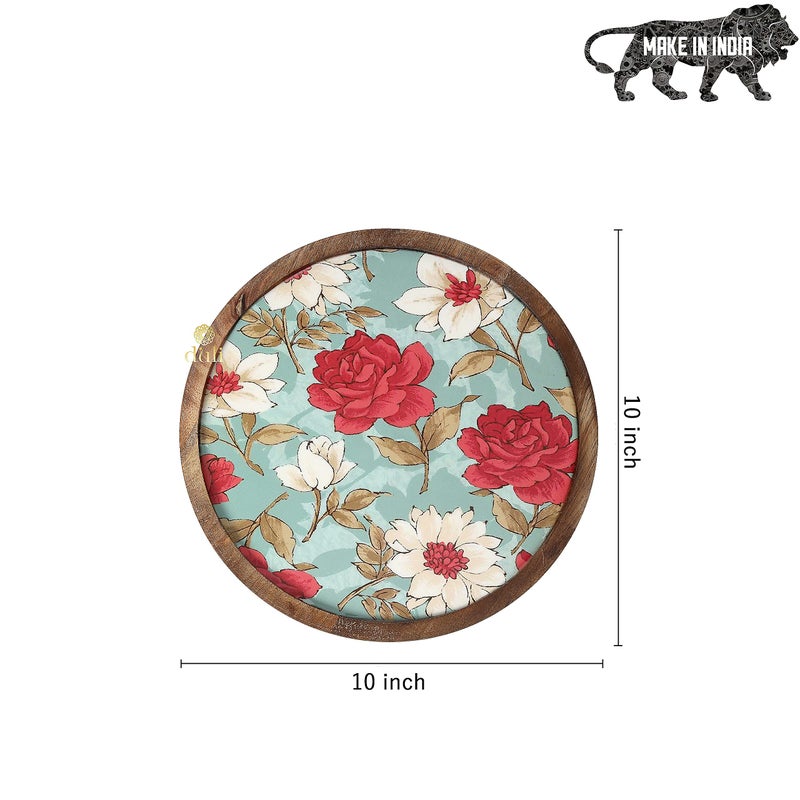 DULI طبق تقديم دائري متعدد الاستخدامات مطلي بالمينا من DULI في خشب المانجو | صينية تقديم للمنزل وطاولة الطعام | صينية متعددة الاستخدامات | طبق تقديم للوجبات الخفيفة صينية دائرية (طبق خشبي - زهرة حمراء مائية) - Image 4