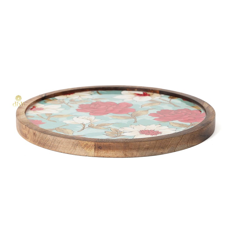 DULI طبق تقديم دائري متعدد الاستخدامات مطلي بالمينا من DULI في خشب المانجو | صينية تقديم للمنزل وطاولة الطعام | صينية متعددة الاستخدامات | طبق تقديم للوجبات الخفيفة صينية دائرية (طبق خشبي - زهرة حمراء مائية) - Image 3