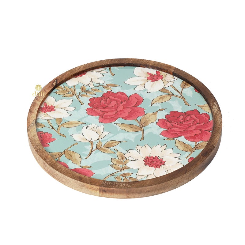 DULI طبق تقديم دائري متعدد الاستخدامات مطلي بالمينا من DULI في خشب المانجو | صينية تقديم للمنزل وطاولة الطعام | صينية متعددة الاستخدامات | طبق تقديم للوجبات الخفيفة صينية دائرية (طبق خشبي - زهرة حمراء مائية) - Image 5