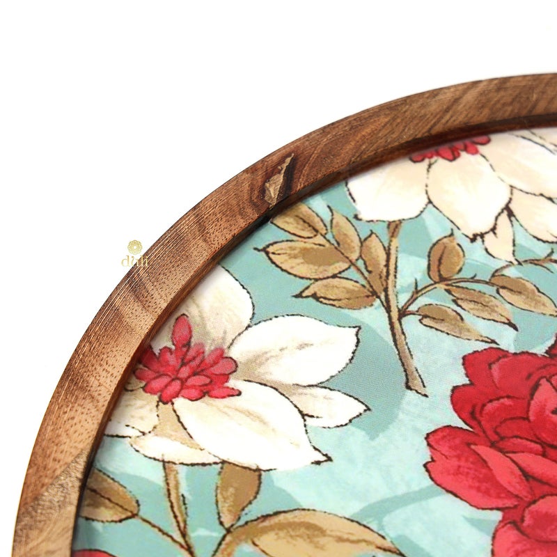 DULI طبق تقديم دائري متعدد الاستخدامات مطلي بالمينا من DULI في خشب المانجو | صينية تقديم للمنزل وطاولة الطعام | صينية متعددة الاستخدامات | طبق تقديم للوجبات الخفيفة صينية دائرية (طبق خشبي - زهرة حمراء مائية) - Image 2