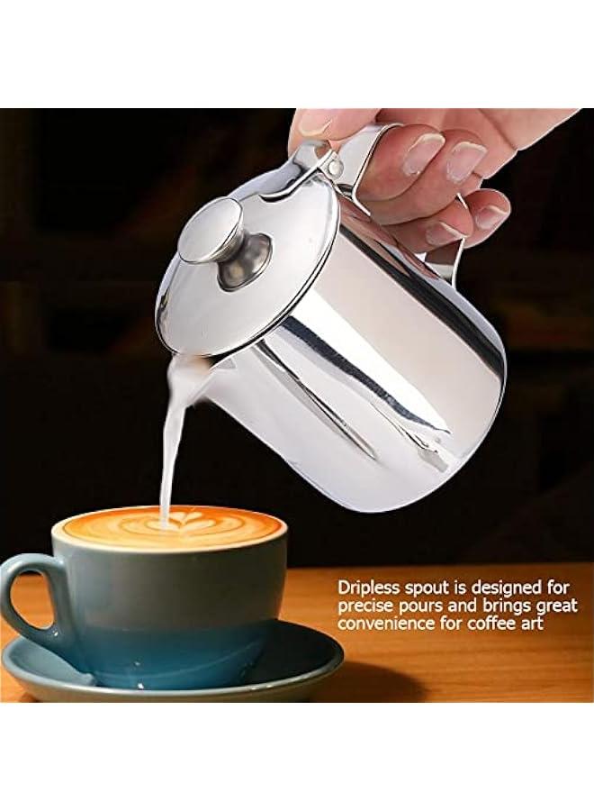 Stainless Steel Milk Frothing Pitcher, Stainless Steel Coffee Cup Mug Milk Frothing Pitcher Jug with Lid for Latte Coffee Art for Office Kitchen with handle(350ml) - Image 5
