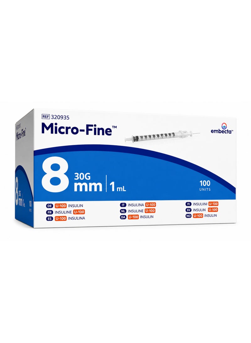 محاقن الأنسولين Embecta Micro-Fine من فئة U-100 (مقاس 30G × 8 مم، 1 مل) – عبوة تحتوي على 100 حقنة - Image 1