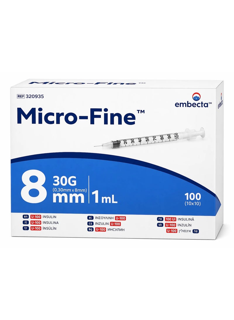 محاقن الأنسولين Embecta Micro-Fine من فئة U-100 (مقاس 30G × 8 مم، 1 مل) – عبوة تحتوي على 100 حقنة - Image 2