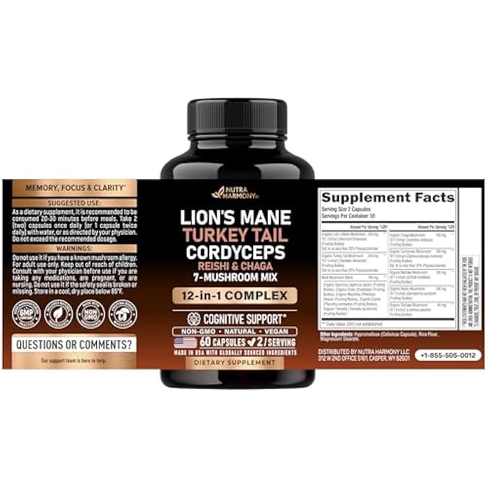 NUTRAHARMONY Mushroom Supplement - Organic Lions Mane | Turkey Tail | Chaga | Cordyceps | Reishi | Maitake | Shiitake | Meshima | Tremella | Oyster | Agaricus - Made in USA - Non GMO, Gluten Free - 60 Capsules - Image 2