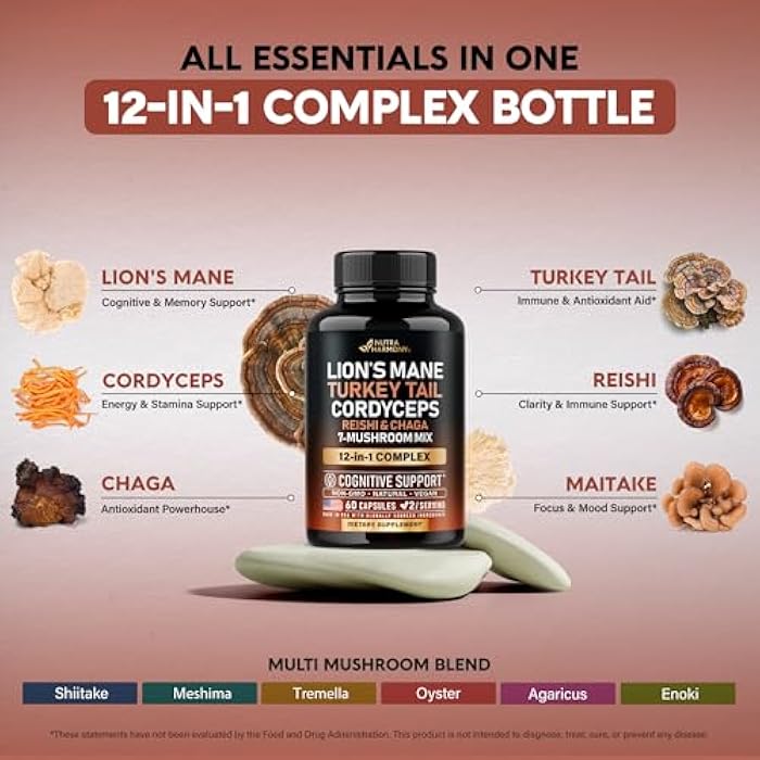 NUTRAHARMONY Mushroom Supplement - Organic Lions Mane | Turkey Tail | Chaga | Cordyceps | Reishi | Maitake | Shiitake | Meshima | Tremella | Oyster | Agaricus - Made in USA - Non GMO, Gluten Free - 60 Capsules - Image 5