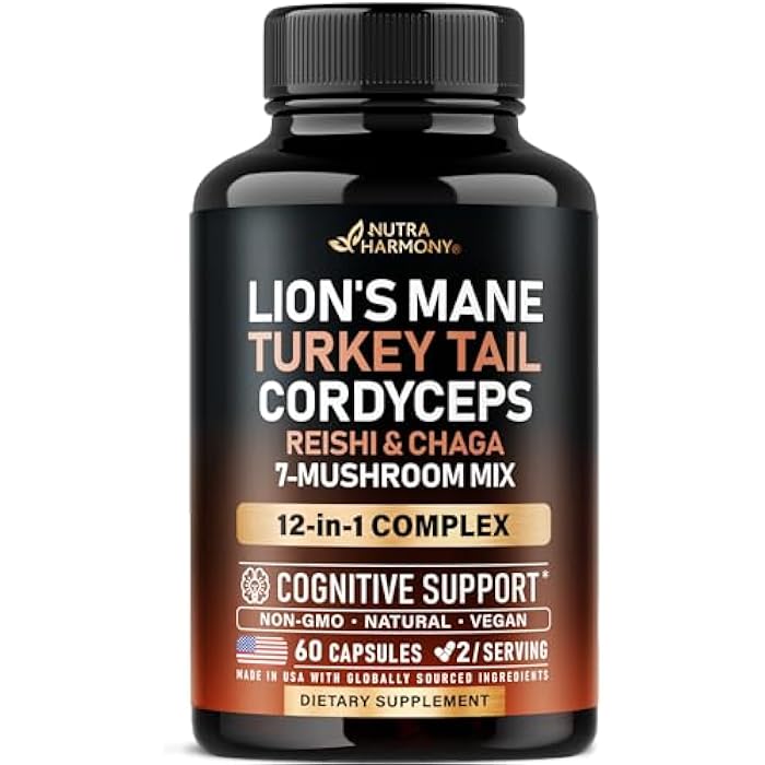 NUTRAHARMONY Mushroom Supplement - Organic Lions Mane | Turkey Tail | Chaga | Cordyceps | Reishi | Maitake | Shiitake | Meshima | Tremella | Oyster | Agaricus - Made in USA - Non GMO, Gluten Free - 60 Capsules - Image 1